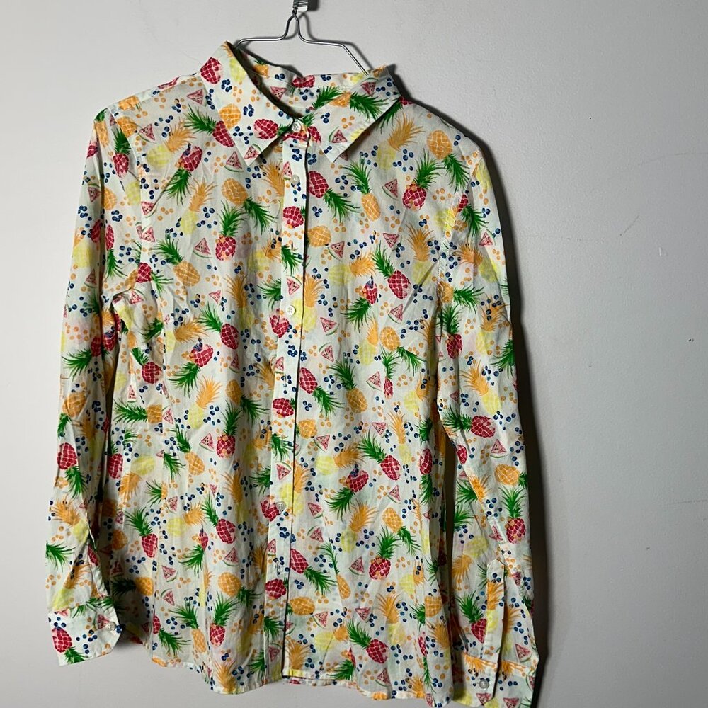 EUC Talbots Womens Petites SP Small Long Sleeve Button Up Fruit Pineapple Shirt